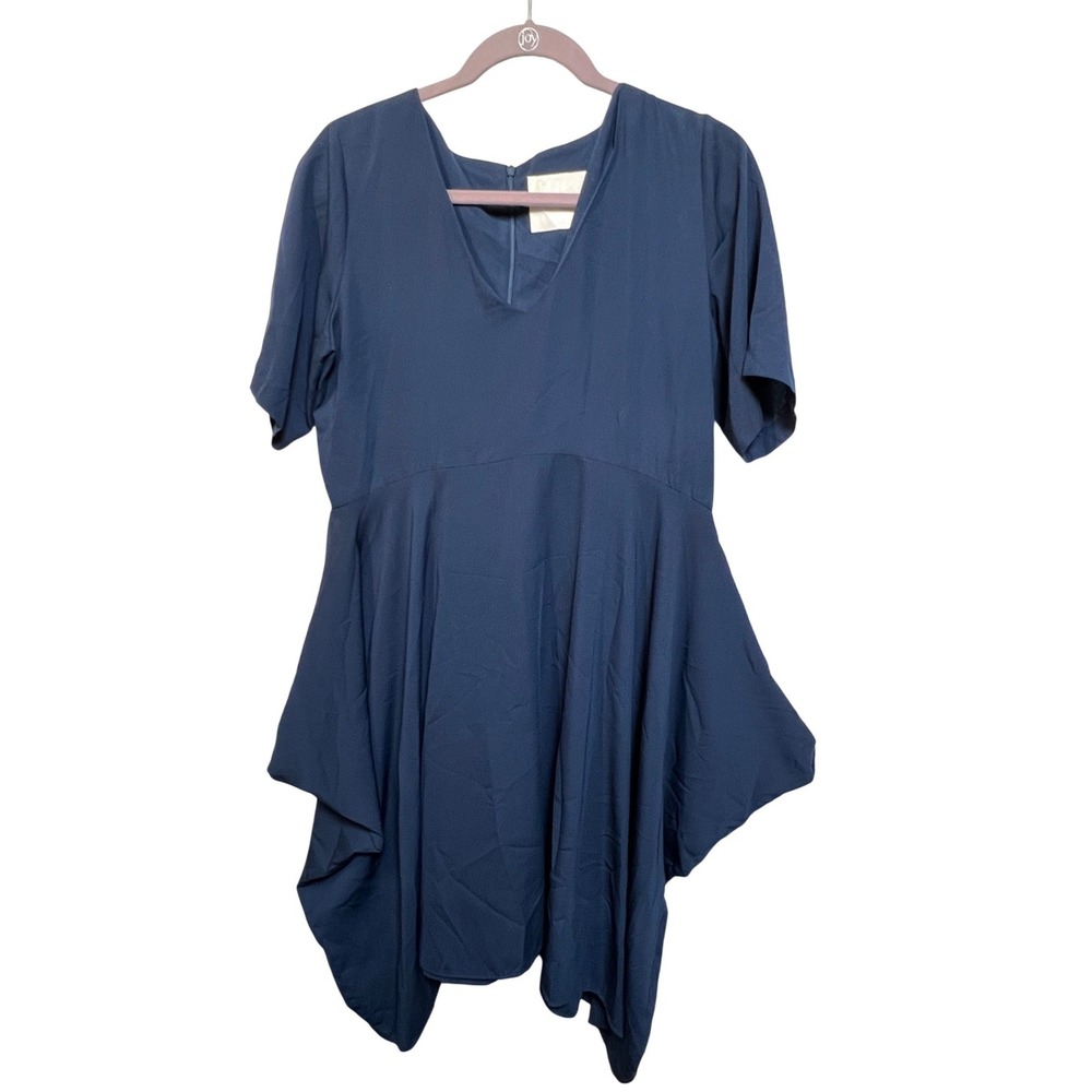Meg Navy Blue V-Neck Short Sleeve Handkerchief Hem Dress‎ Made in Canada Medium